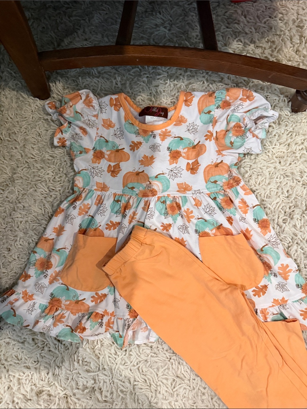 Girls Orange Pumpkin Print Matching Set
